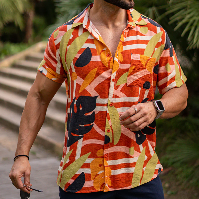 Men's Spring And Summer Fashion Casual Tencel Cotton Blended Printed Short Sleeve Shirt MTA0778G1K