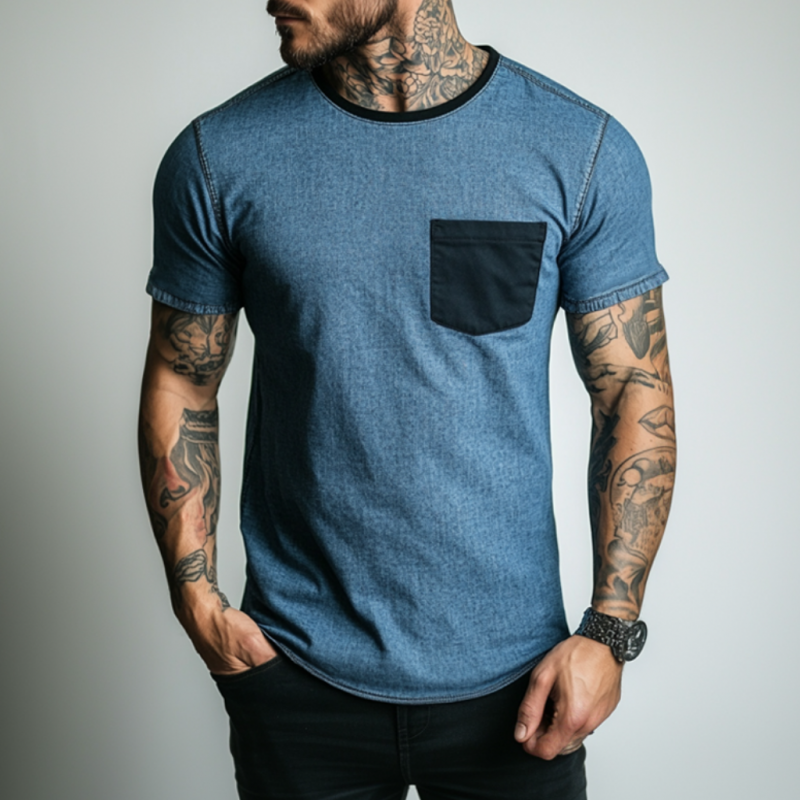 Men's Casual Washed Distressed Round Neck Patch Pocket Slim Fit Contrast Color Denim Short-sleeved T-shirt MTA1538E7M