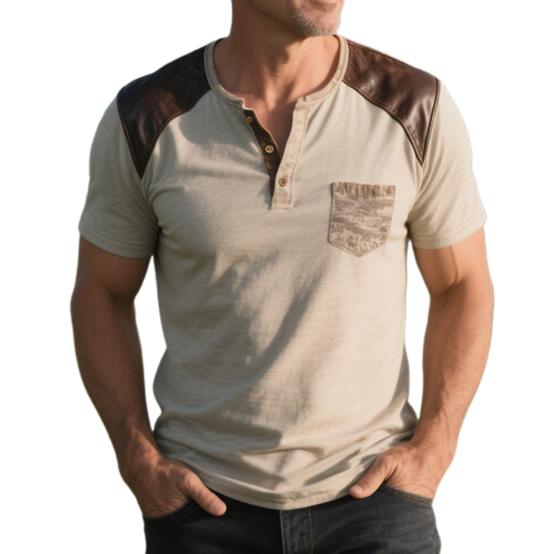 Men's Retro Western Cowboy Style Ranch Classic Leather Splicing Printed Henley Short Sleeve T-Shirt MTA1345E1TO