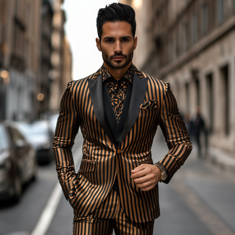 Men's Vintage Fashion Contrast Color Satin Stripe Patchwork Peak Lapel Single-breasted Slim Fit Blazer MTA3087G9M