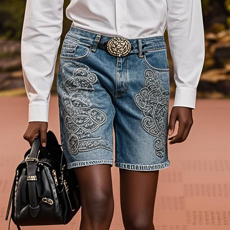 Men'S Fashion Retro Embroidered Straight Denim Shorts MTA0943E1Z