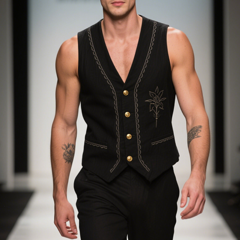 Men's Vintage Casual Cotton Embroidered Metal Single Breasted Vest MTA2919E5TO