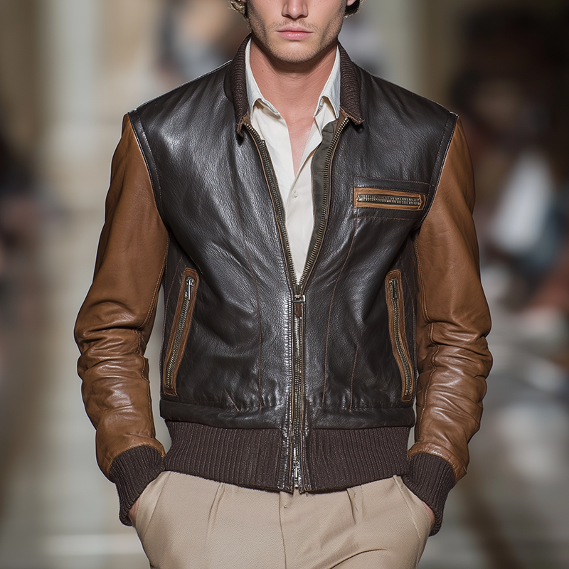 Men's Winter Retro PU Splicing Slim Leather Jacket MTA1460J1P