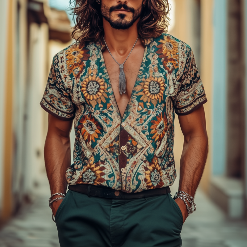 Men's Vintage Bohemian Print V-Neck Loose Short Sleeve Shirt MTA0446F4M