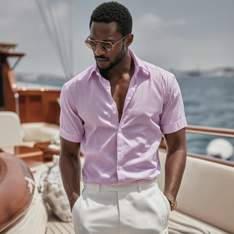 Men's Fashion Breathable Cotton Blended Lapel Slim Fit Short Sleeve Shirt MTA0121G8M