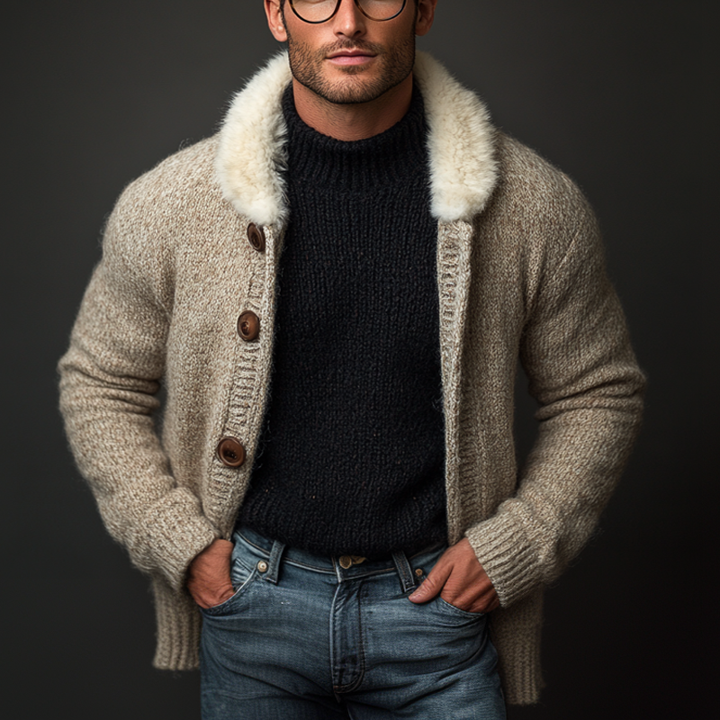Men's Casual Faux Fur Collar Knitted Button Cardigan MTA0749K6X