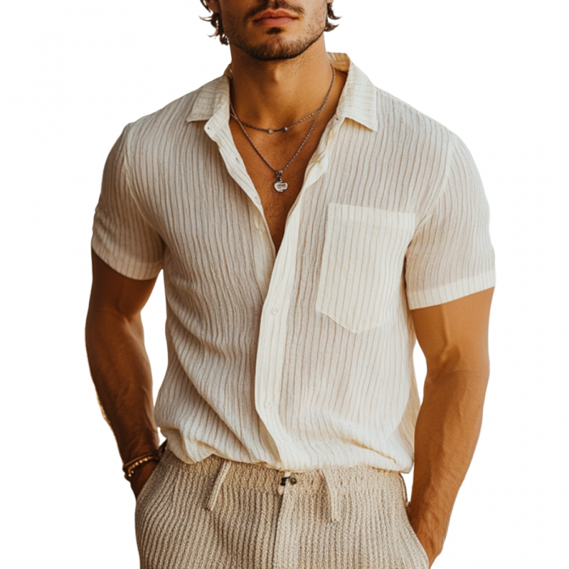 Men's Casual Breathable Linen Striped Lapel Patch Pocket Slim Fit Short Sleeve Shirt MTA2969E9M