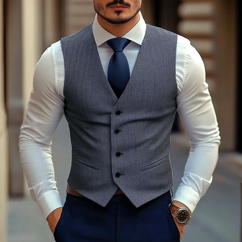 Men's Vintage Wool Blend Herringbone V-Neck Single-Breasted Slim-Fit Suit Vest MTA2770H7M