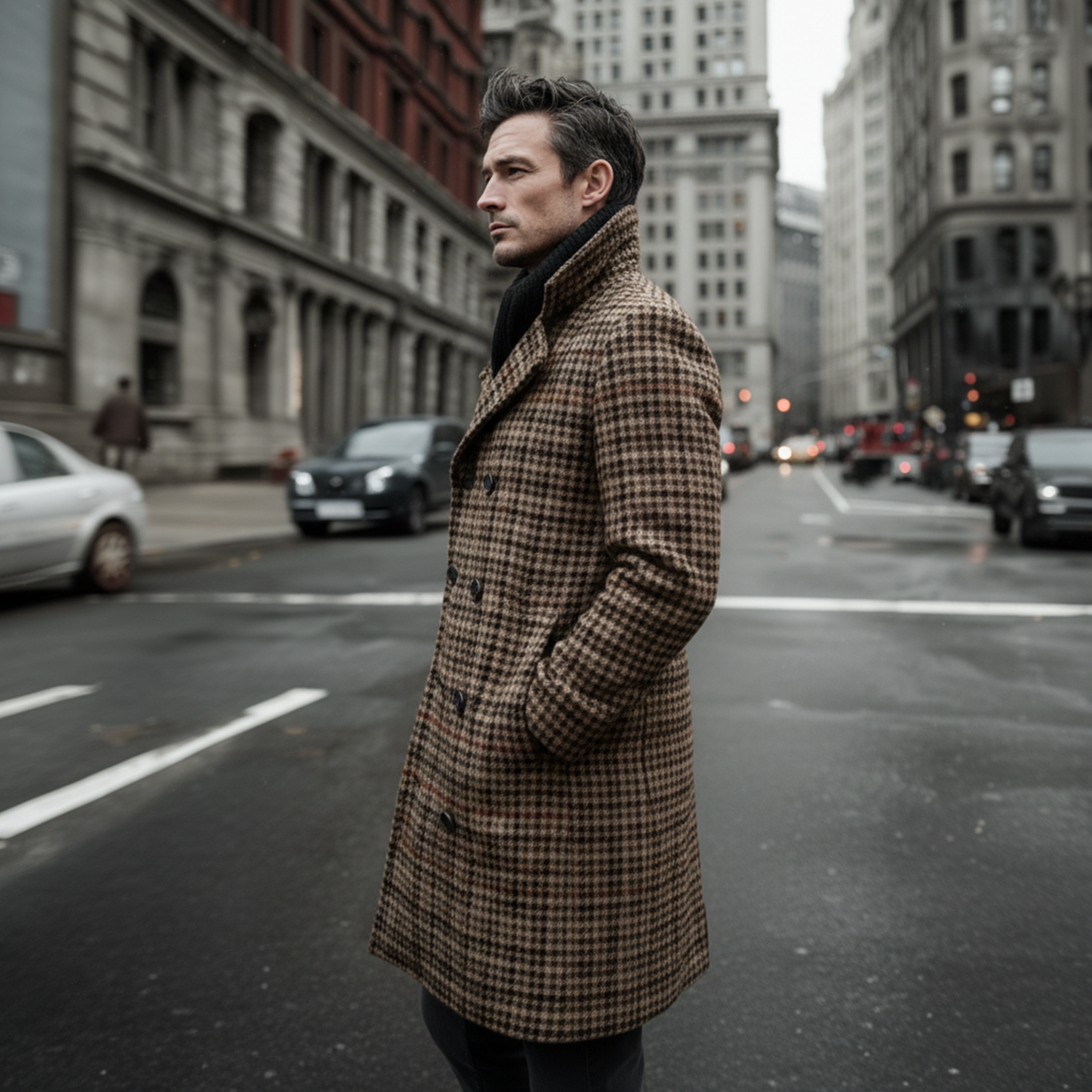 Men's Classic Vintage Faux Houndstooth Wool Double-breasted Knee-length Coat MTA2561I0K
