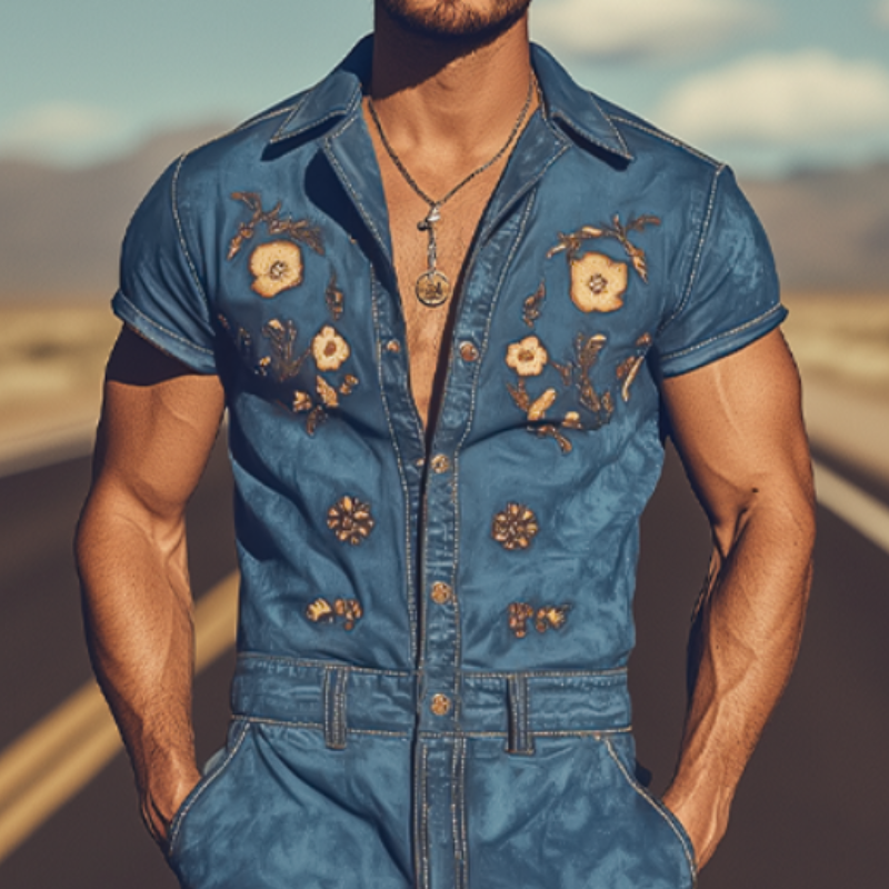 Men's Summer Fashion Retro Western Cowboy Style Embroidered Jumpsuit MTA1762D6K