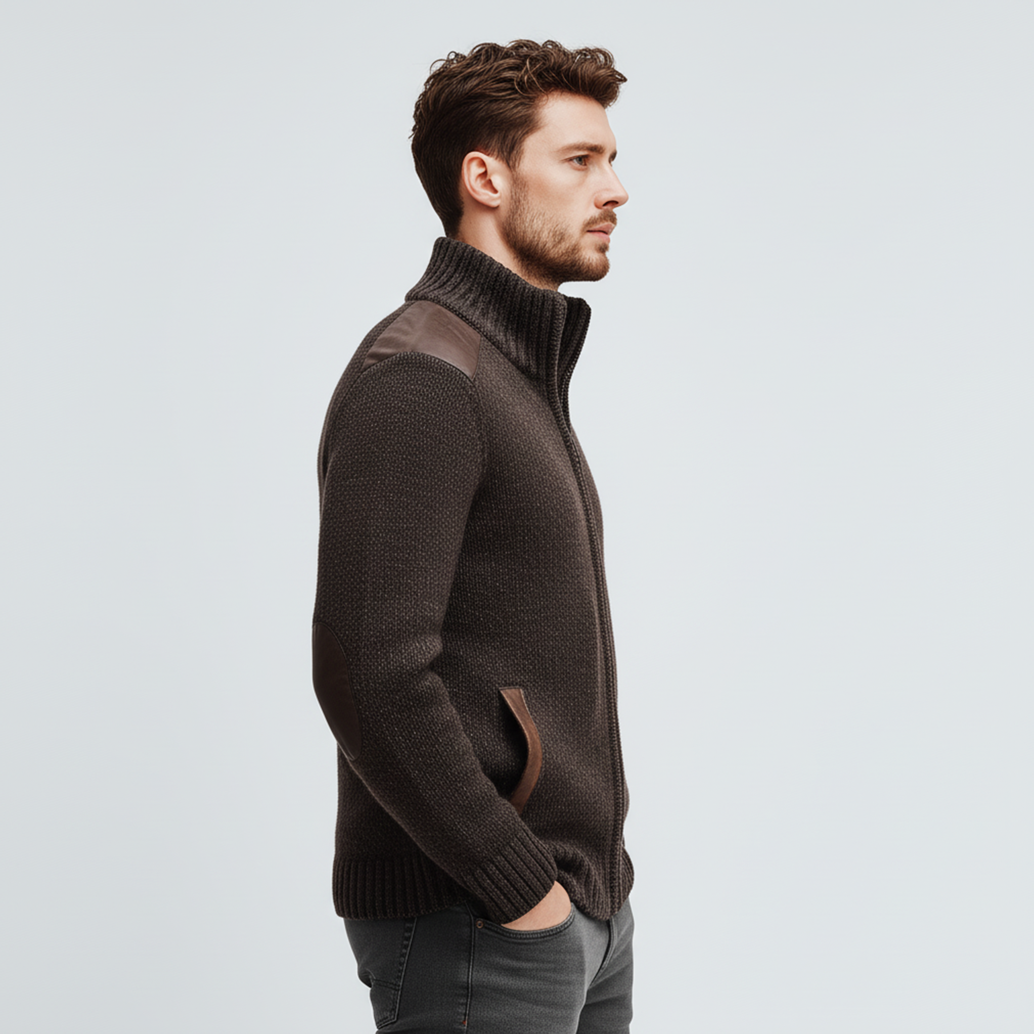 Men's Classic Casual Shoulder And Pocket Stitching PU Leather Stand Collar Zipper Knitted Cardigan MTA0904J8K