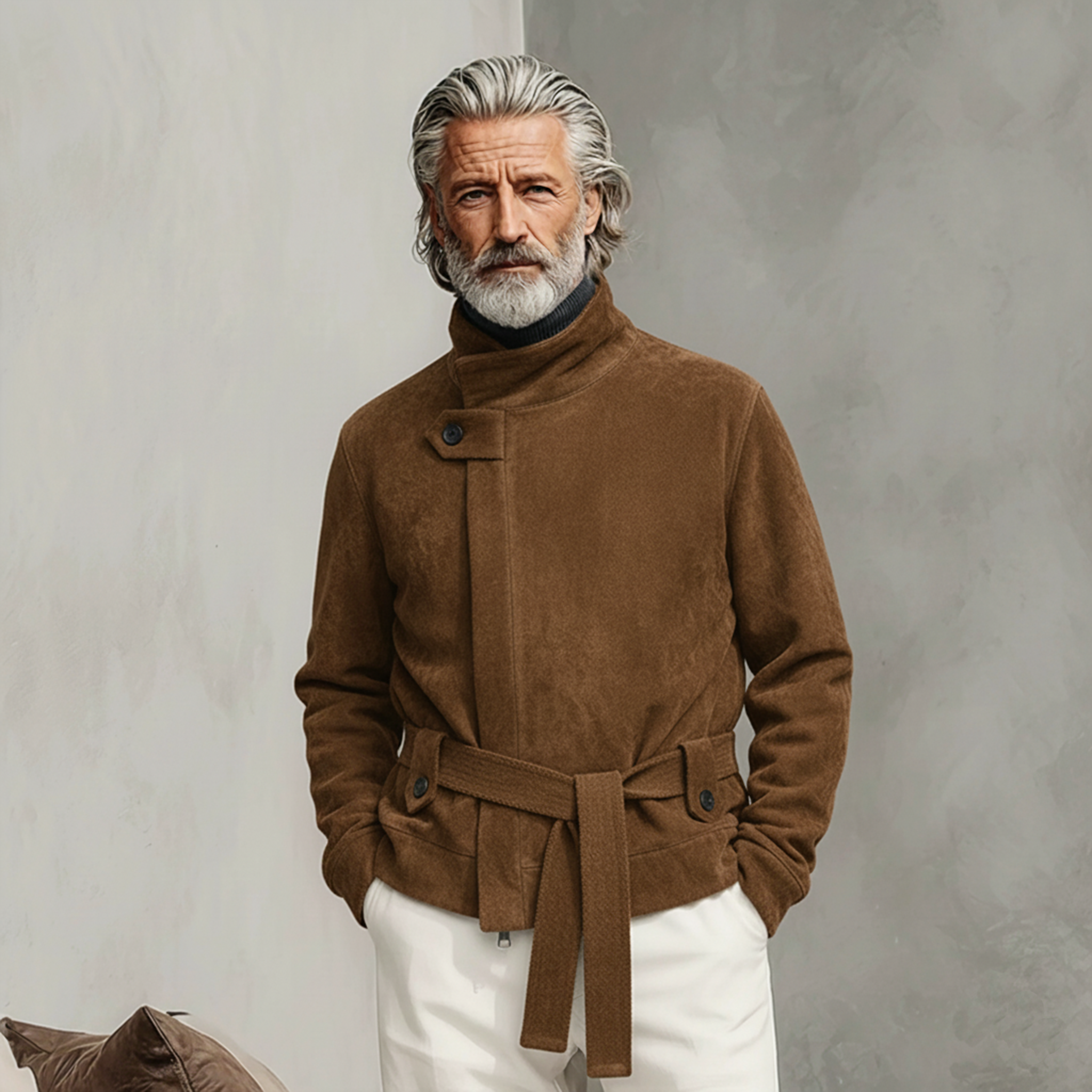 Men's Classic Retro Stand-up Collar Zip-up Slanted Placket Faux Suede Jacket (including Belt) MTA2590K9K