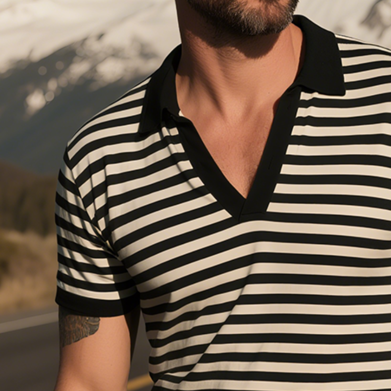 Men's Retro Casual Striped Print Lapel Short Sleeve T-Shirt MTA1677G6TO