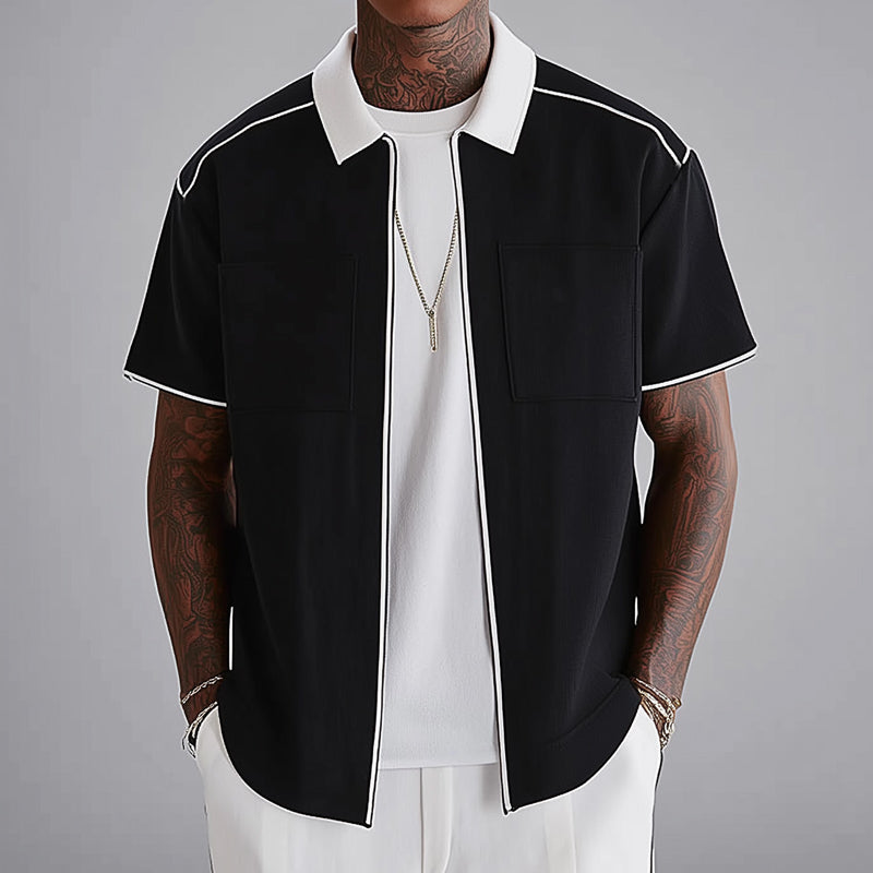 Men's Black And White Simple Zip Lapel Short Sleeve Shirt MTA0977E1U
