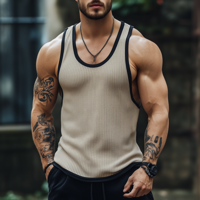 Men's Casual Breathable Cotton Blended Ribbed Contrast Trim Slim Fit Tank Top MTA1117F2M
