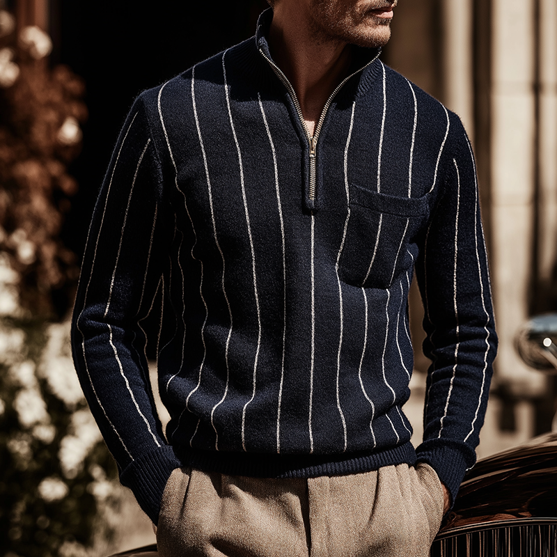 Men's Retro Casual Knit Striped Stand Collar Zipper Sweater MTA2495K8TO