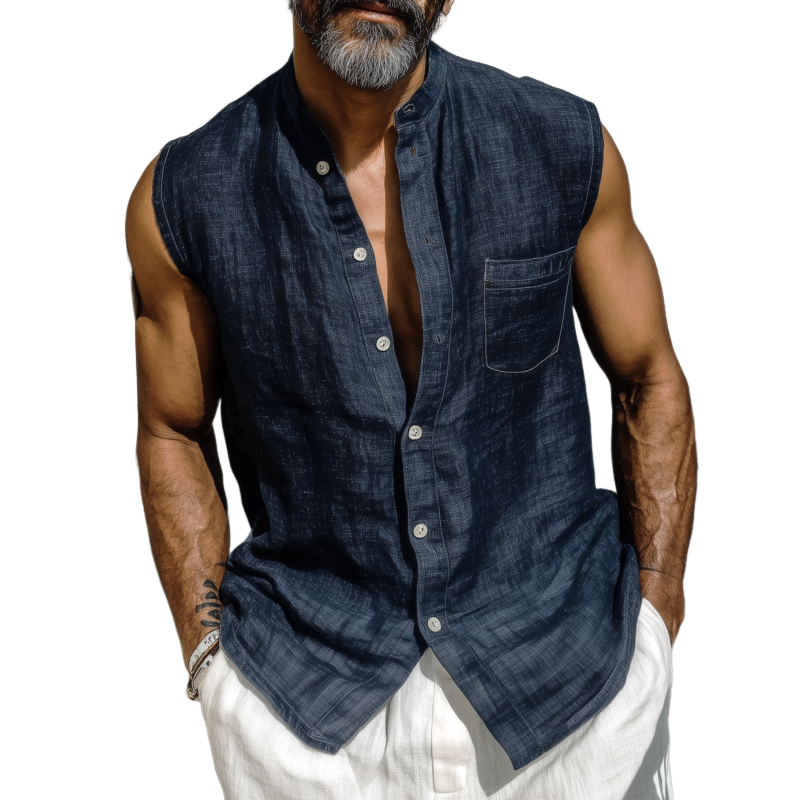 Men's Casual Solid Color Breathable Cotton Linen Stand-up Collar Patch Pocket Slim Sleeveless Shirt MTA1122G2M