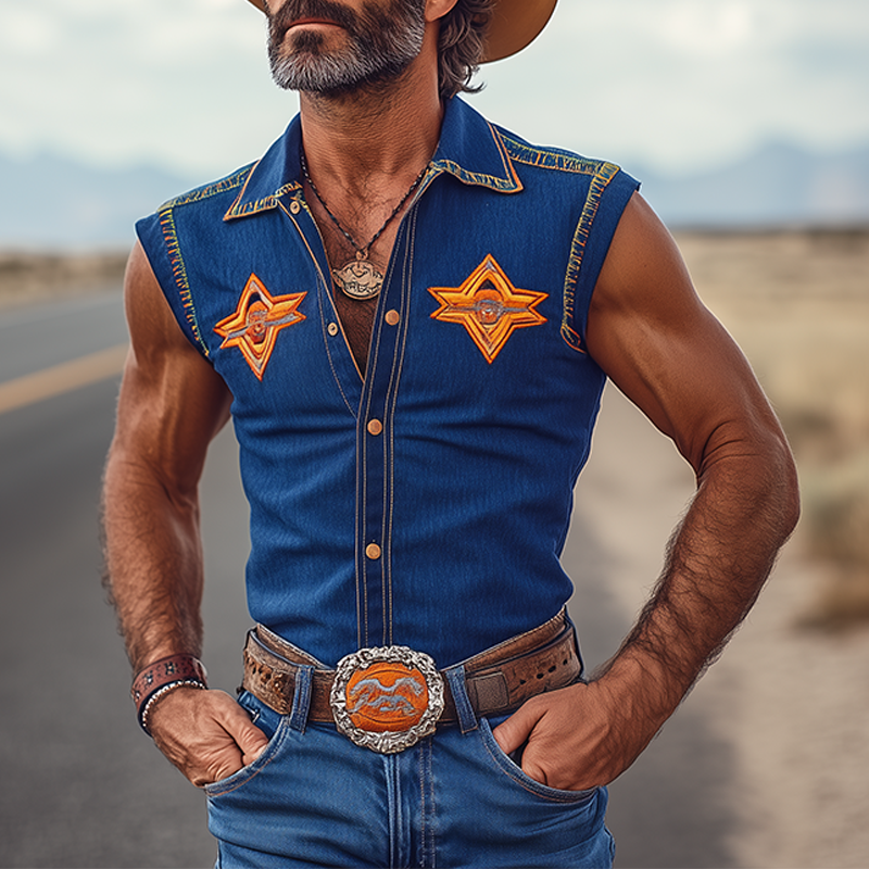 Men's Spring And Summer Fashion Retro Western Cowboy Style Tencel Denim Embroidery Metal Button Slim Sleeveless Shirt MTA1345E9K