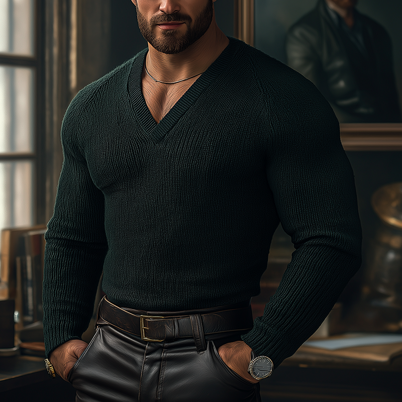 Men's Winter Retro Cotton Yarn Knit V-Neck Slim Fit Sweater MTA2601K0P