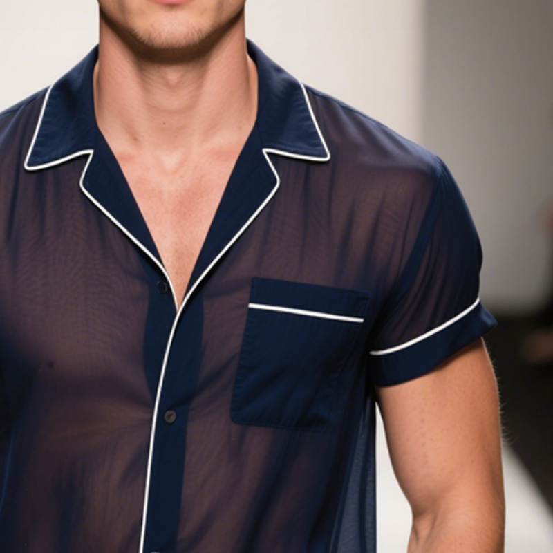 Men's Retro Casual Solid Color Mesh Lapel Short Sleeve Shirt MTA2382E7TO