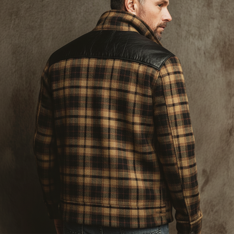 Men's Urban Plaid Faux Wool Blend And PU Leather Patchwork Stand-collar Jacket MTA2548K5U