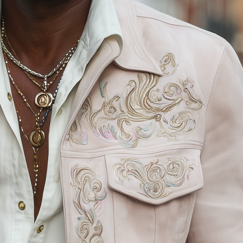 Men's Exquisitely Embroidered Light Pink Suede Jacket MTA2197H8U