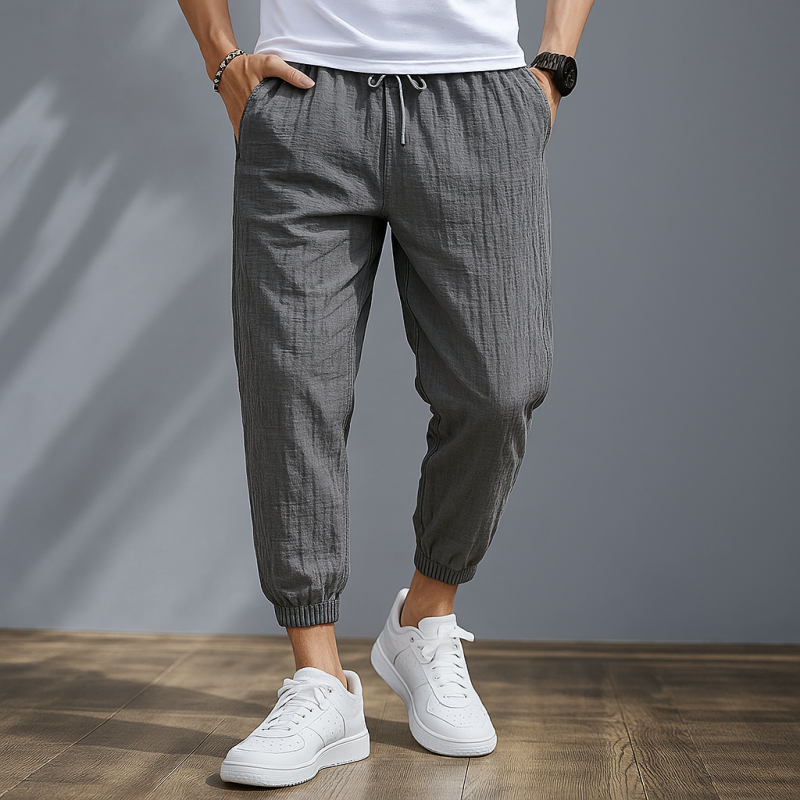 Men's Casual Cotton Linen Bubble Wrinkle Elastic Waist Loose Cropped Pants MTA1552E9M