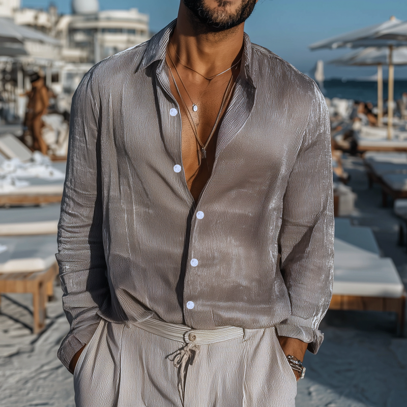 Men's Casual Breathable Cotton Blended Ribbed Lapel Loose Long-sleeved Shirt MTA1124G4M