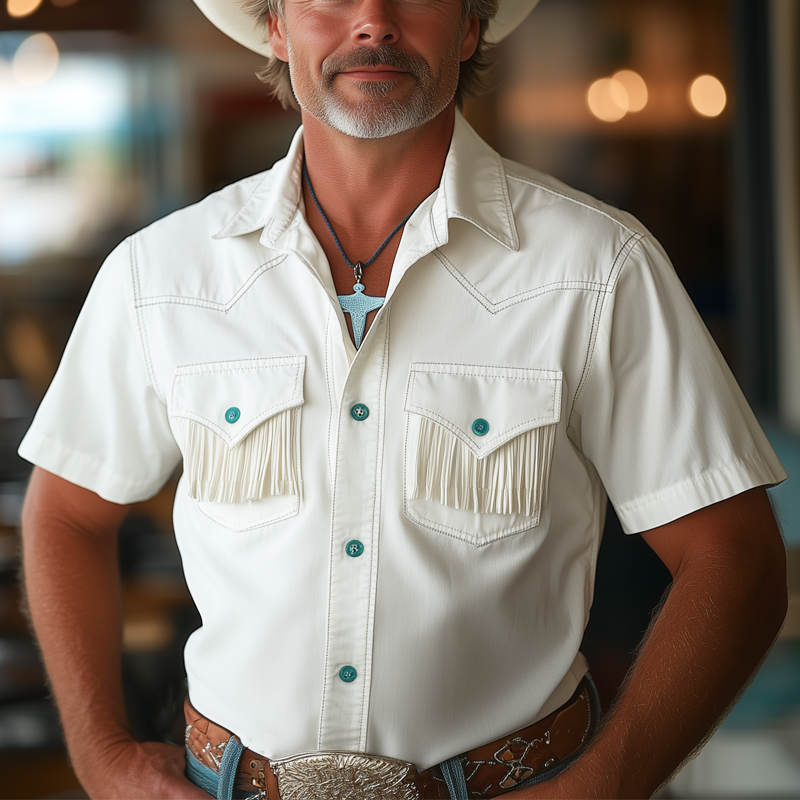 Men's Summer Western Cowboy Style Tassel Short Sleeve Shirt MTA1796F6U