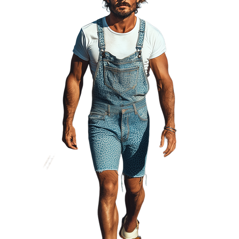 Men's Spring And Summer Fashion Personality Retro Western Cowboy Style Washed Denim Leopard Print Knee-length Overalls MTA1361E5K