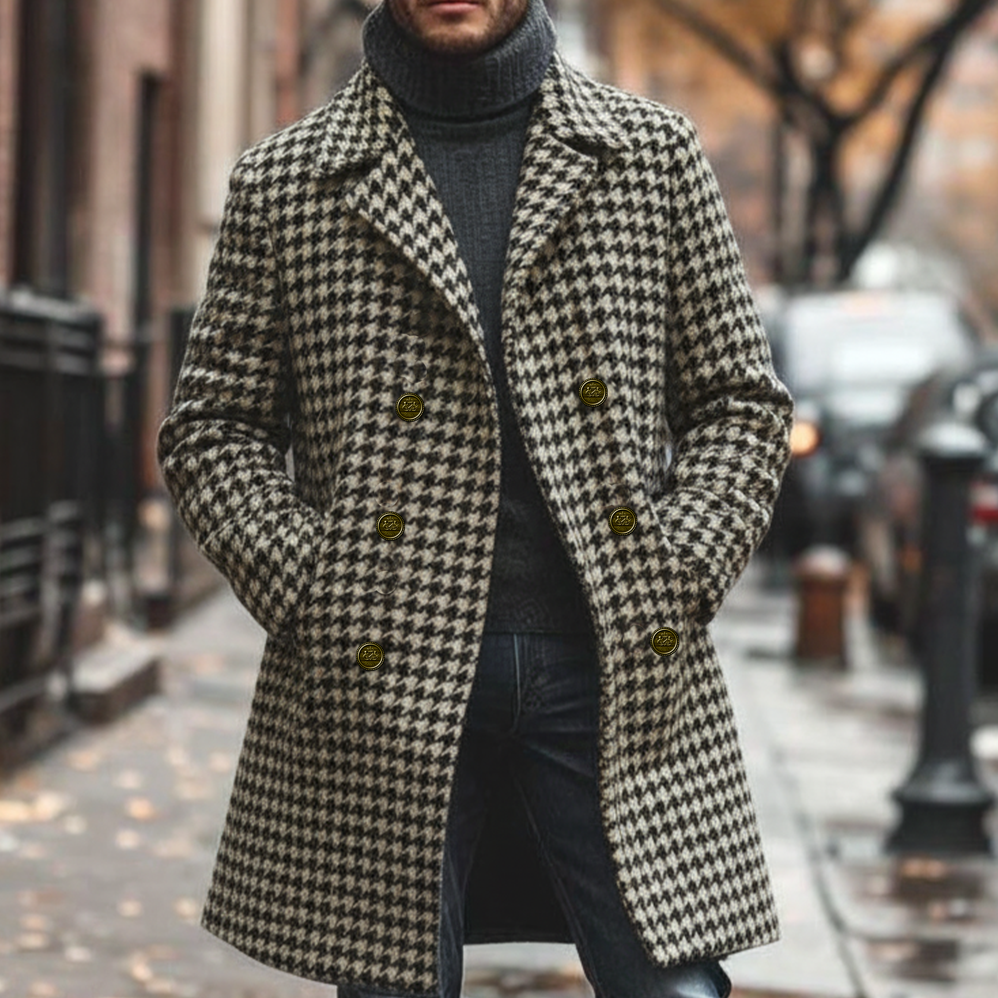 Men's Classic Retro Lapel Double-breasted Houndstooth Faux Wool Thigh-length Jacket MTA2479I0K