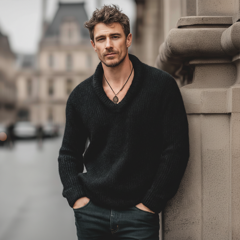 Men's Classic Thick Pure Black V-neck Pullover Casual Sweater MTA2031J8U