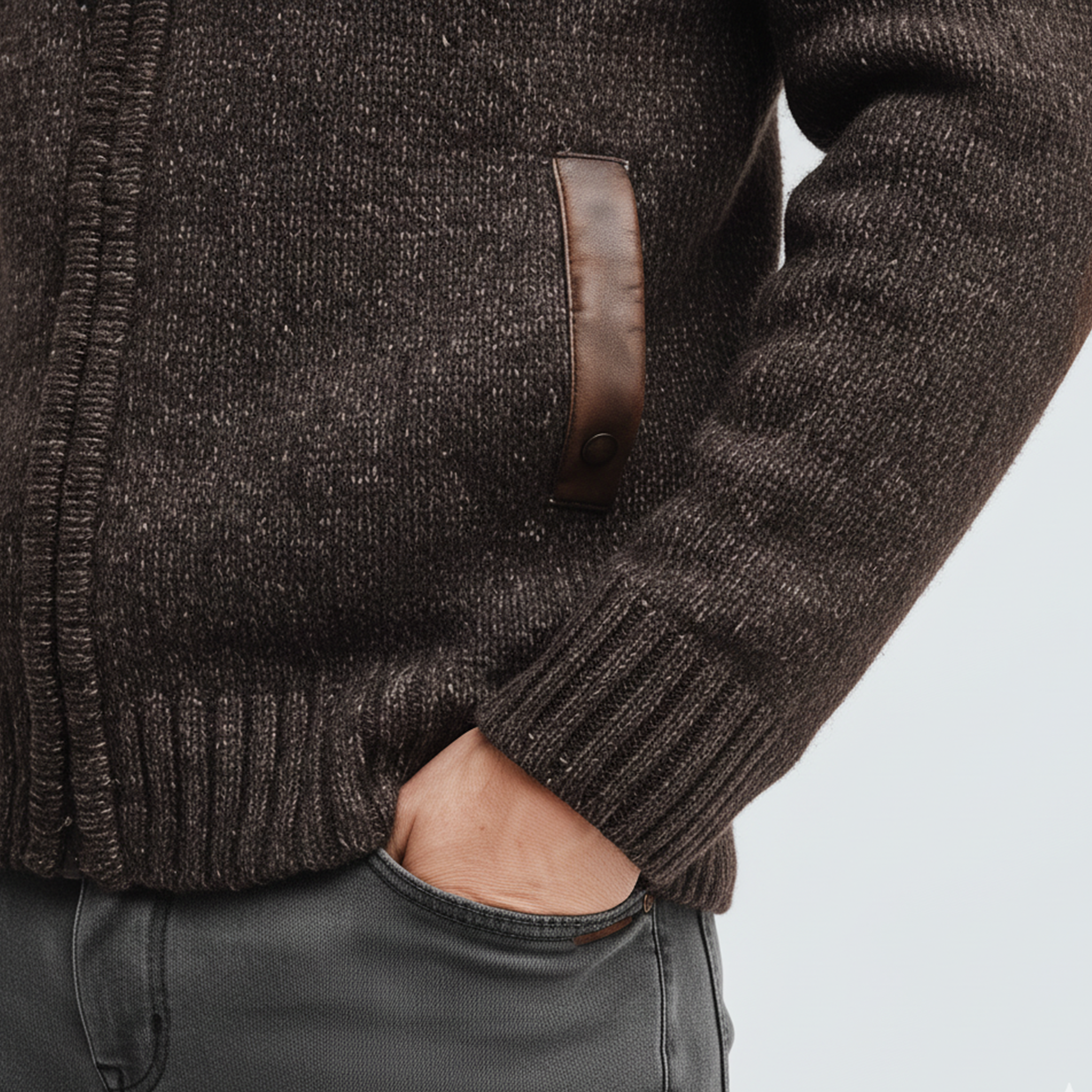 Men's Classic Casual Shoulder And Pocket Stitching PU Leather Stand Collar Zipper Knitted Cardigan MTA0904J8K