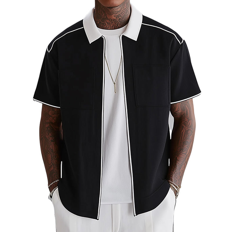 Men's Black And White Simple Zip Lapel Short Sleeve Shirt MTA0977E1U