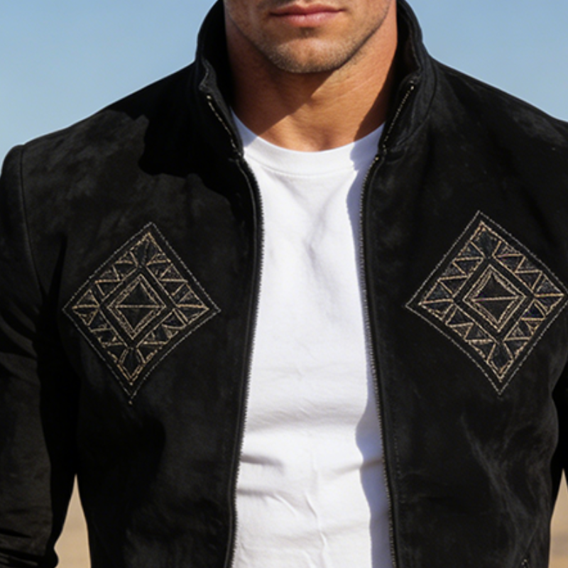 Men's Retro Casual Faux Suede Embroidered Zipper Stand Collar Jacket MTZ1235A3TO