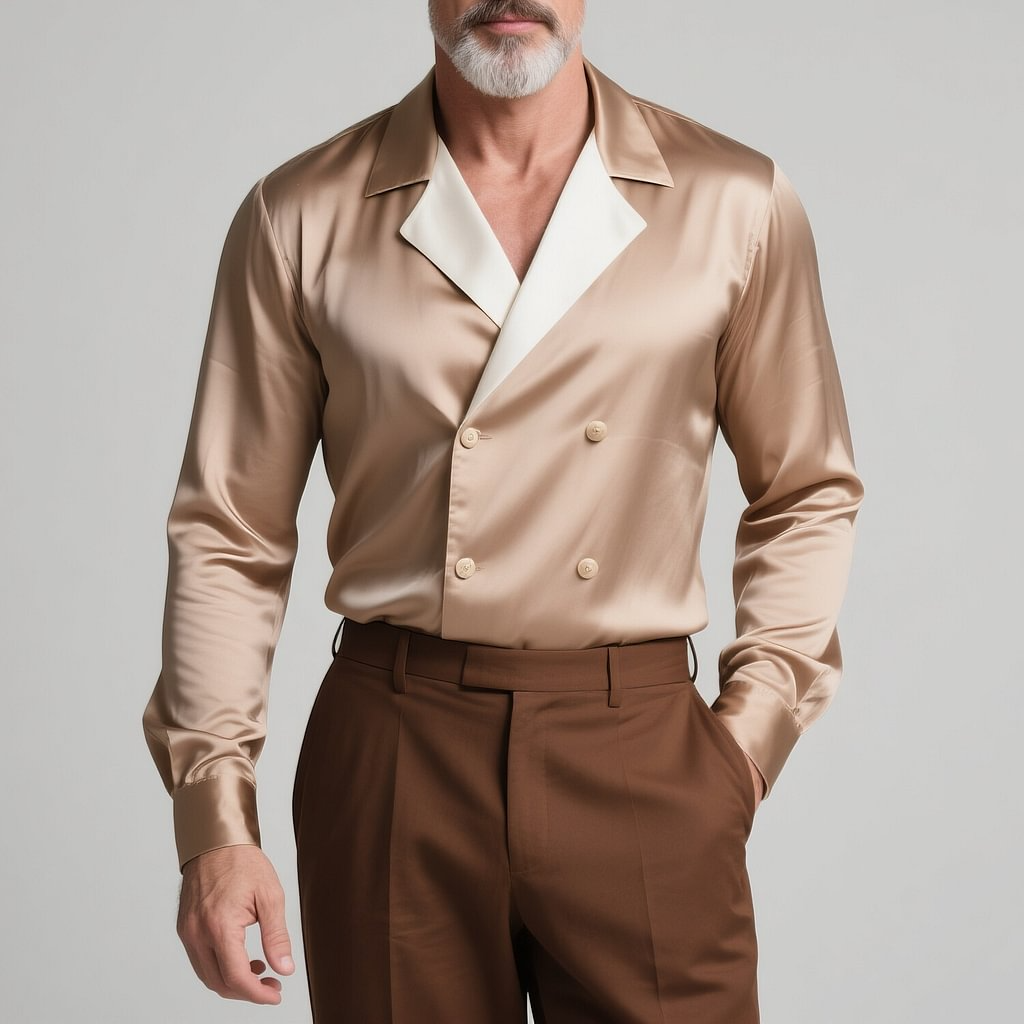 Men's Colorblock Satin Lapel Double Breasted Long Sleeve Shirt MTA0128G9Y
