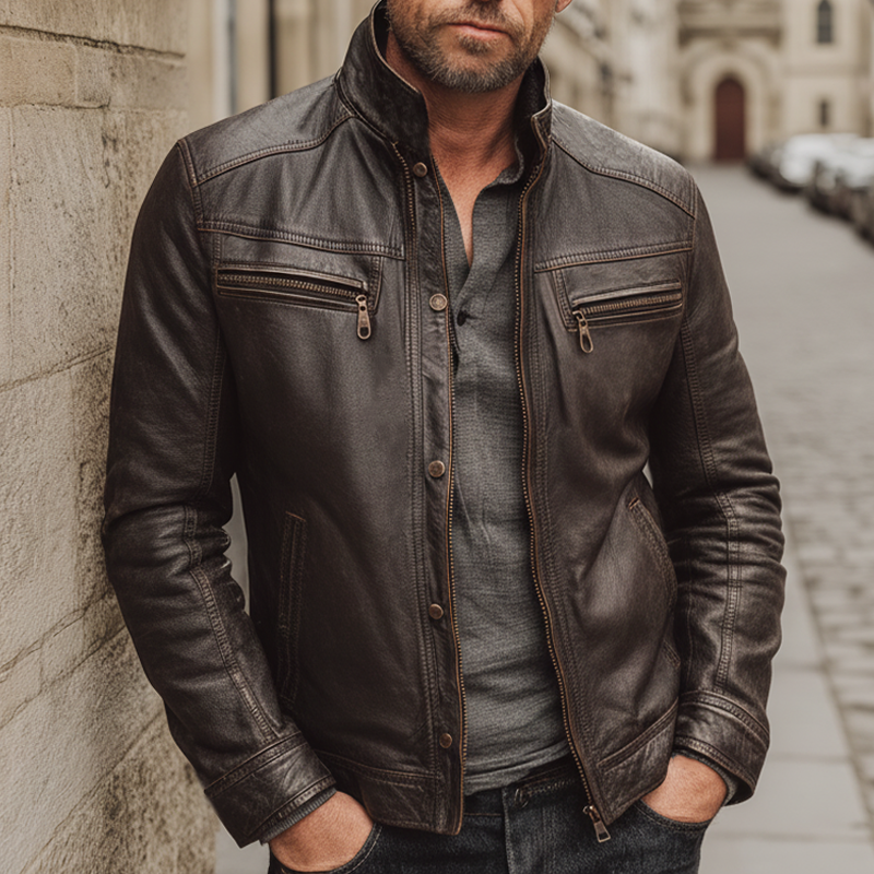 Men's Retro Dark Brown Stand Collar PU Leather Zipper Jacket MTA2954J1U