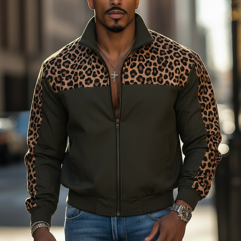 Men's Vintage Leopard Print Color-block Cotton Blend Zip-up Jacket MTA2948L1P