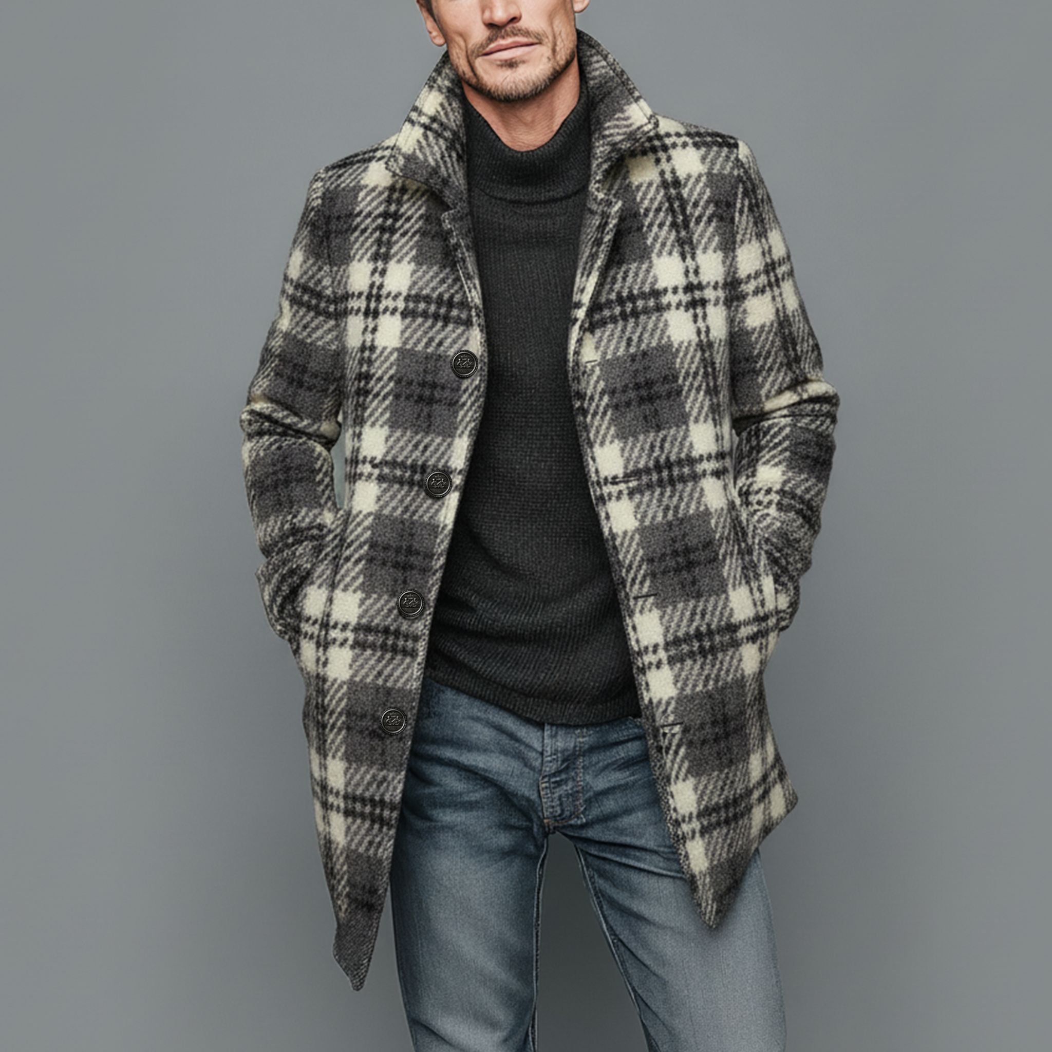 Men's Classic Vintage Faux Check Woolen Single-breasted Thigh-length Coat MTA2520I7K
