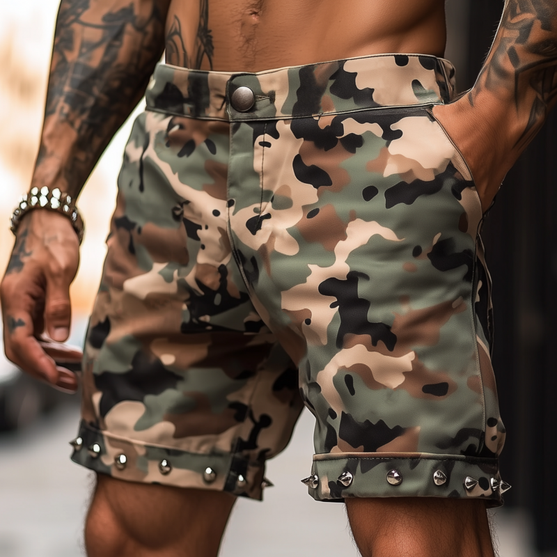 Men's Casual Punk Camouflage Cotton Hem Rivet Decoration Straight Denim Shorts MTA0970F2M
