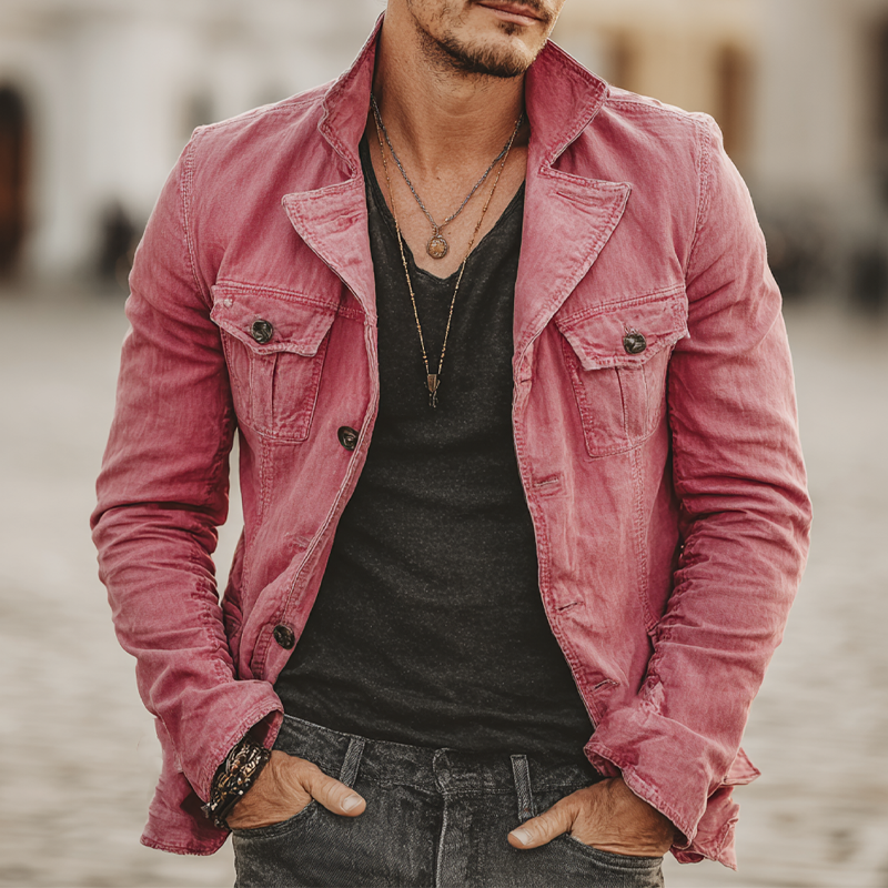 Men's Solid Color Vintage Lapel Washed Cotton Jacket MTA1604I0X