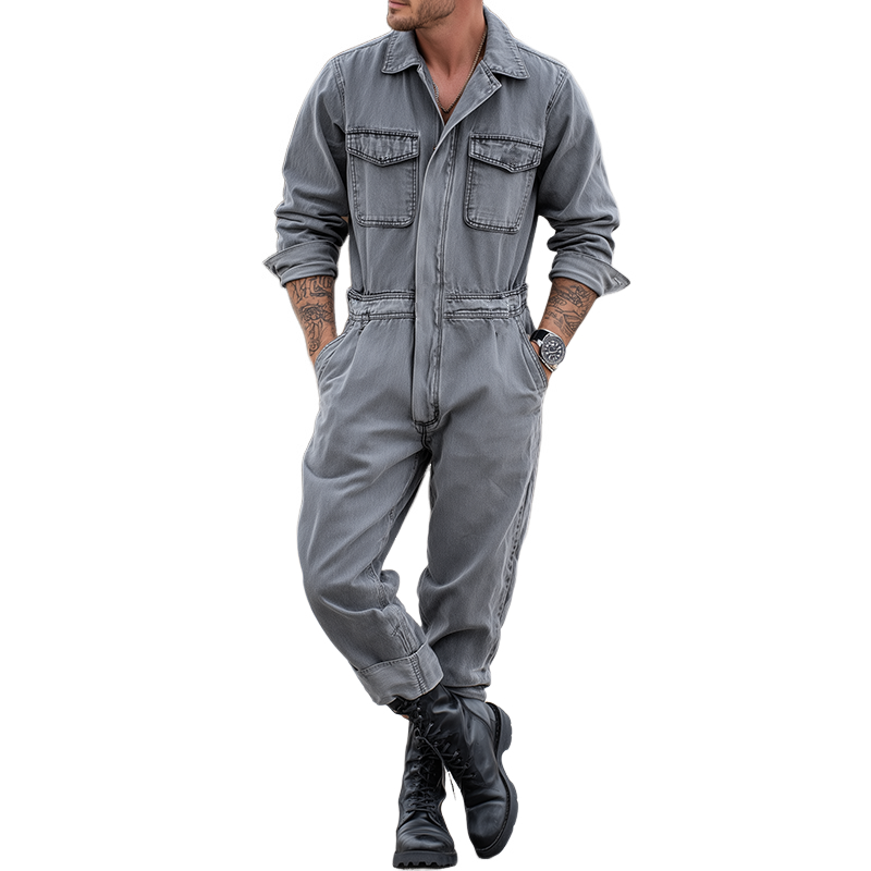 Men's Retro Casual Denim Washed Lapel Long Sleeve Shirt Jumpsuit MTA0436H3TO