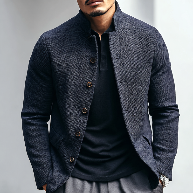 Men's Solid Textured Stand Collar Single Breasted Casual Jacket MTA2852H2Z