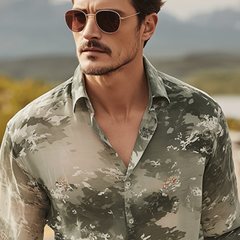 Men's Spring And Summer Fashion Casual Chiffon Slightly Transparent Sexy Art Print Long-sleeved Shirt MTA0787G4K
