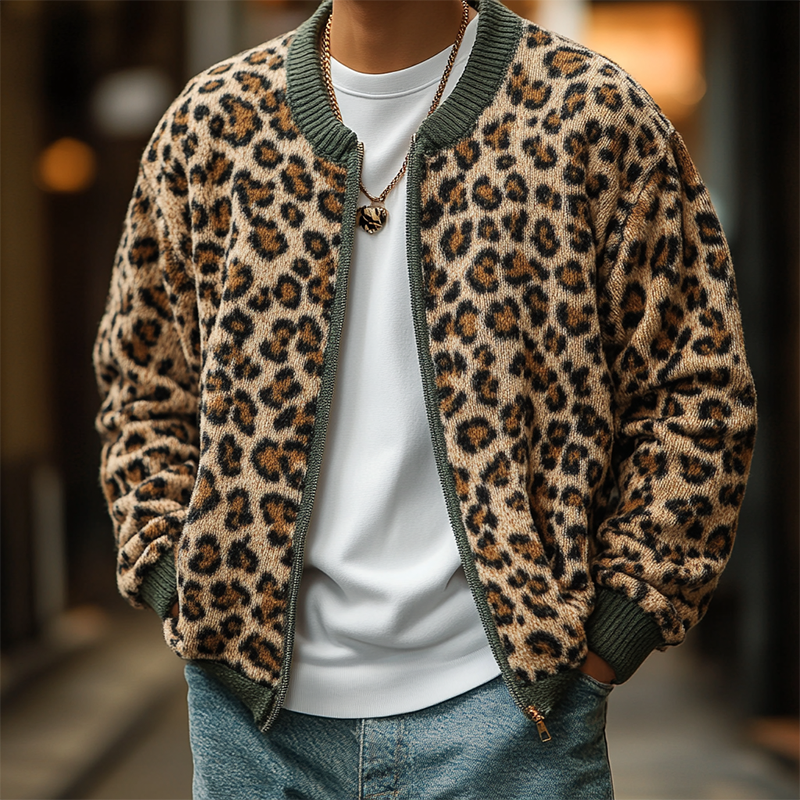 Men's Casual Leopard Print Jacquard Crew Neck Knit Cardigan MTA3072J3X