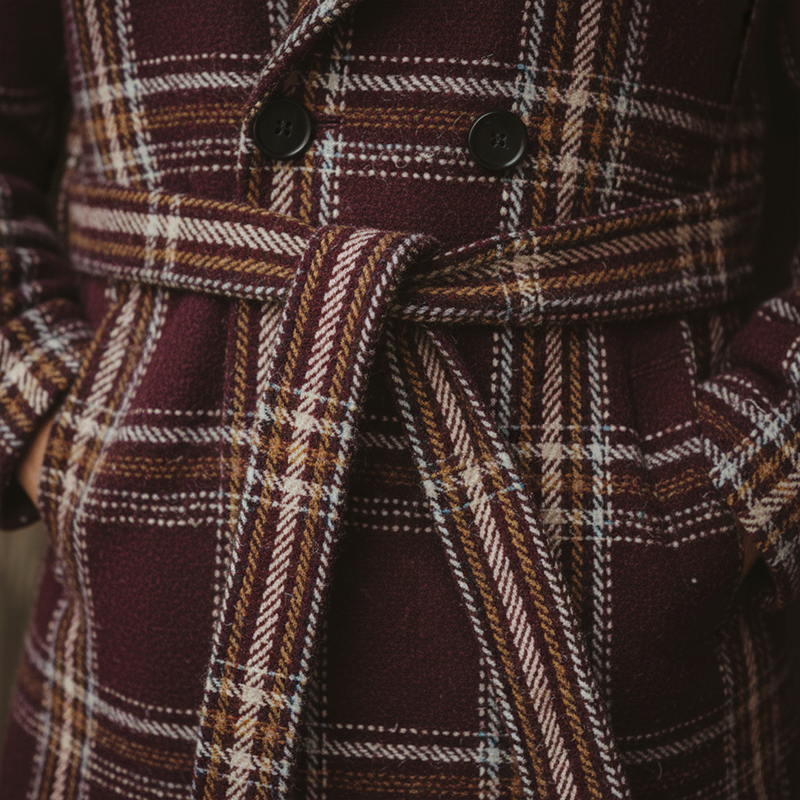 Men's Winter Fashion Plaid Faux Wool Double-Breasted Lapel Mid-Length Coat (Including Belt) MTA2550I3P