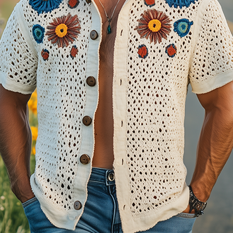 Men's Summer Fashion Casual Hollow Crochet Flower Stand Collar Knitted Short-sleeved Shirt MTA2798F1K