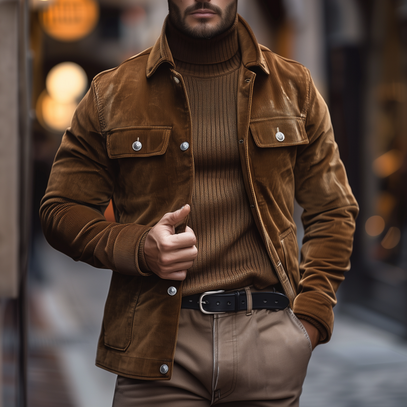 Men's Casual Solid Color Corduroy Lapel Single-breasted Slim-fit Cargo Jacket MTA3149G3M