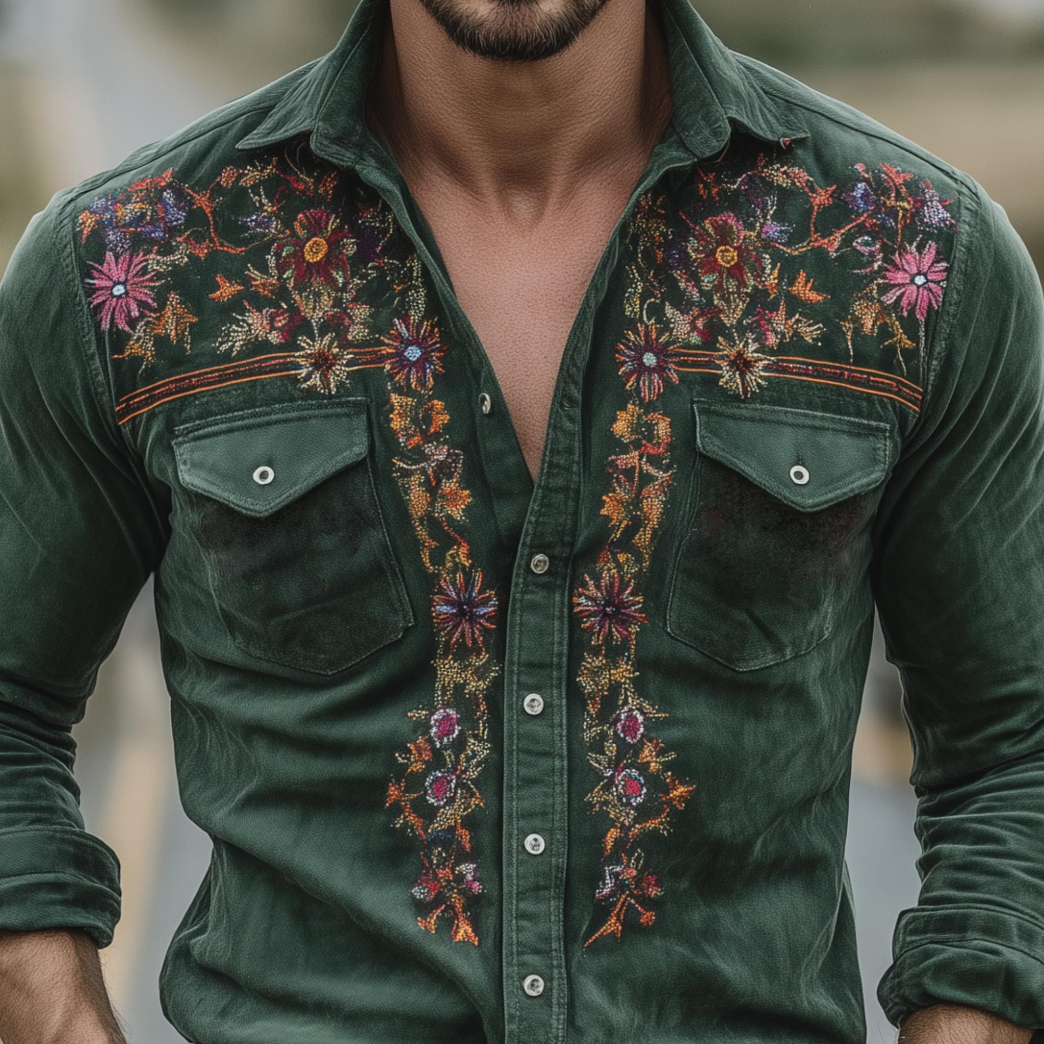 Men's Classic Retro Western Style Embroidered Faux Suede Slim Fit Long-Sleeve Shirt MTA0189L7K