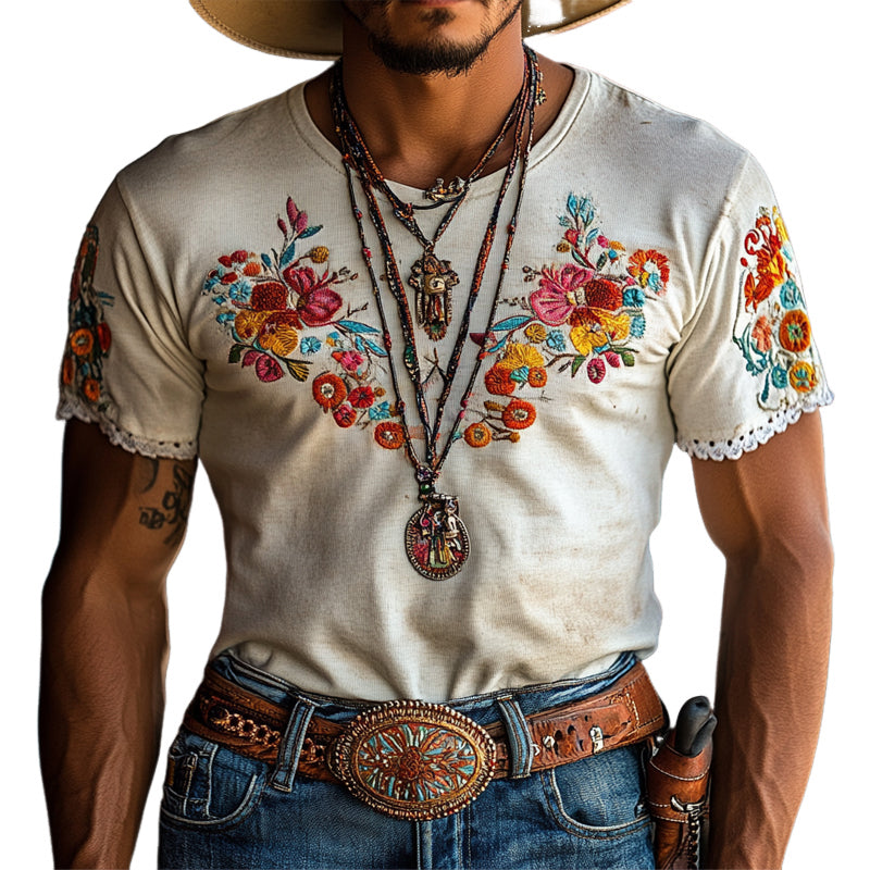 Men's Vintage Embroidered Round Neck Short Sleeve T-Shirt MTA2034E3X